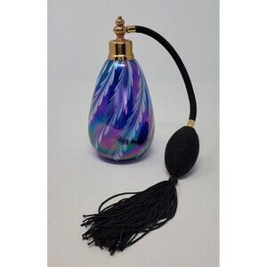 VINTAGE IRIDESCENT PURPLE WHITE FEATHERING HAND BLOWN PERFUME ATOMIZER TASSEL